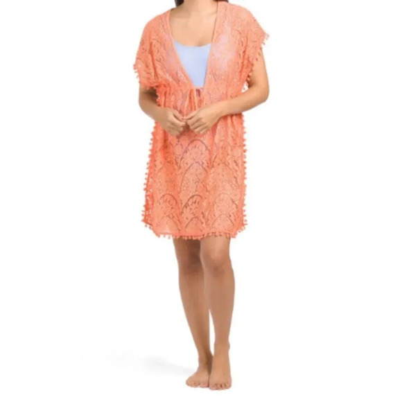 Blue Island Women's Orange Lace Swim bathingsuit Cover-up Kimono Tunic S… - Picture 2 of 10
